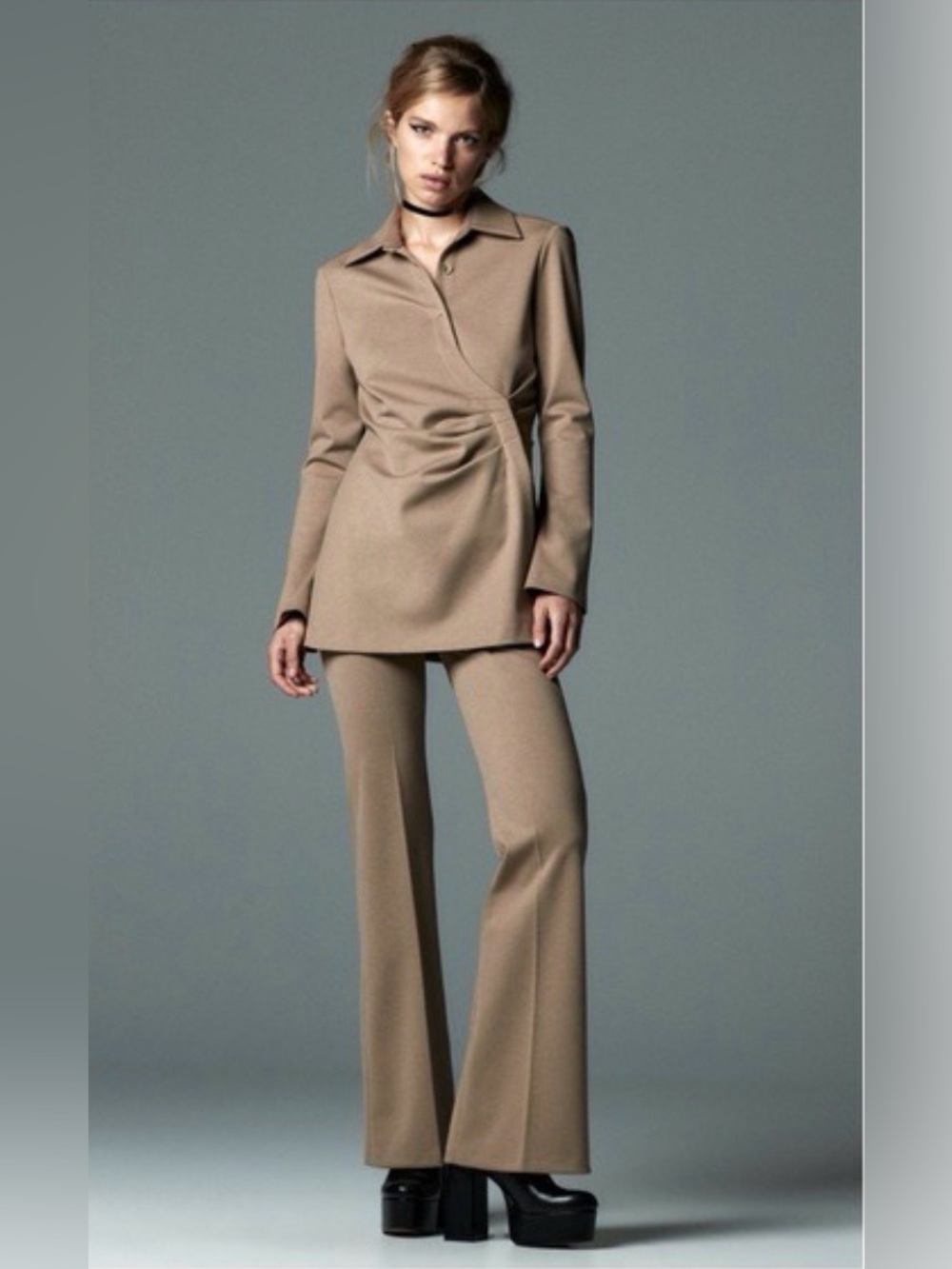 ZARA NWOT Camel Ruched Asymmetric Longline Collared Shirt Top Large